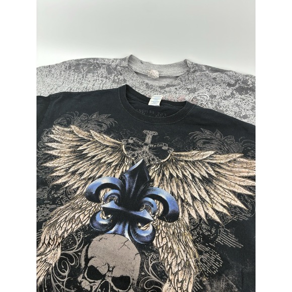 Y2K Other - Lot Of 2 VNTG Y2K Skull Wing Graphic Double sided T-Shirt Black Gray‎ Size XL
